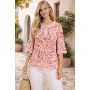 Solitaire Red & White Ornate Floral Blouse | Size M | Pre-Loved